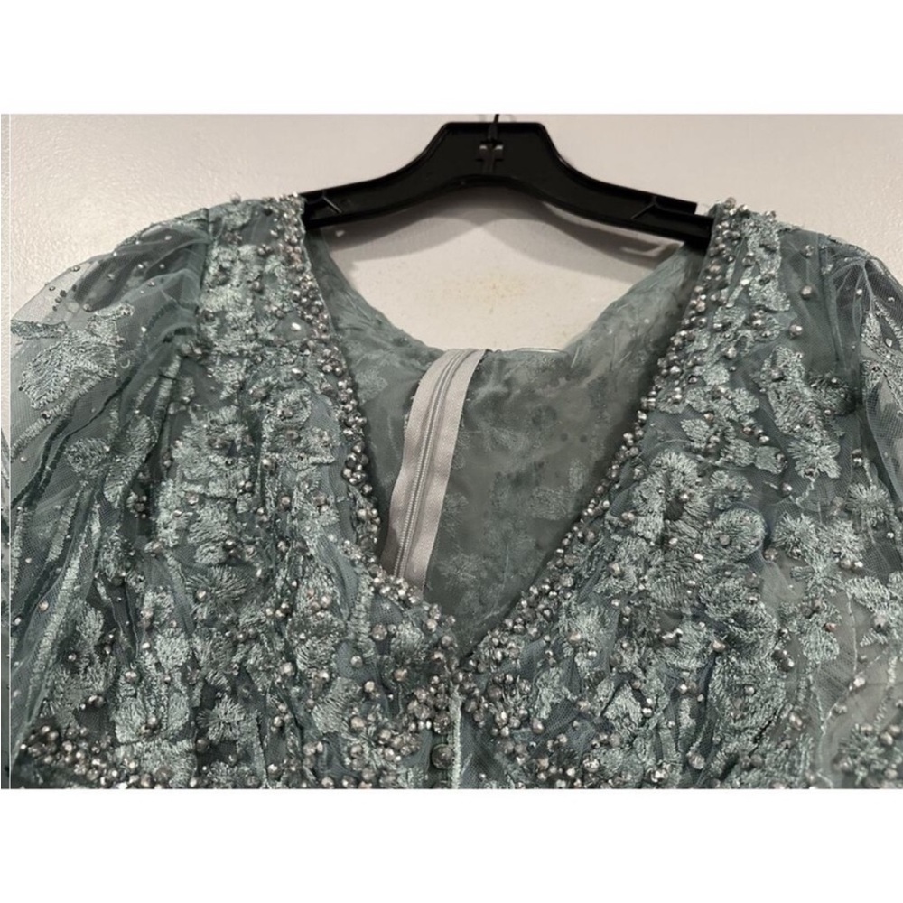Mac Duggal 20512 Green V-Neck Mesh Puff Sleeve Embellished Tea Length Dress 6 - Picture 4 of 7